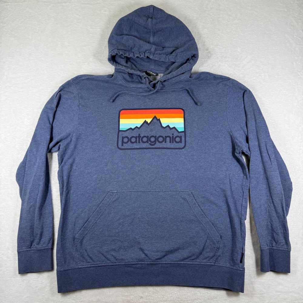 Patagonia Mens Blue Organic Cotton Fitz Roy Skyline Pullover Hoodie 39489 L